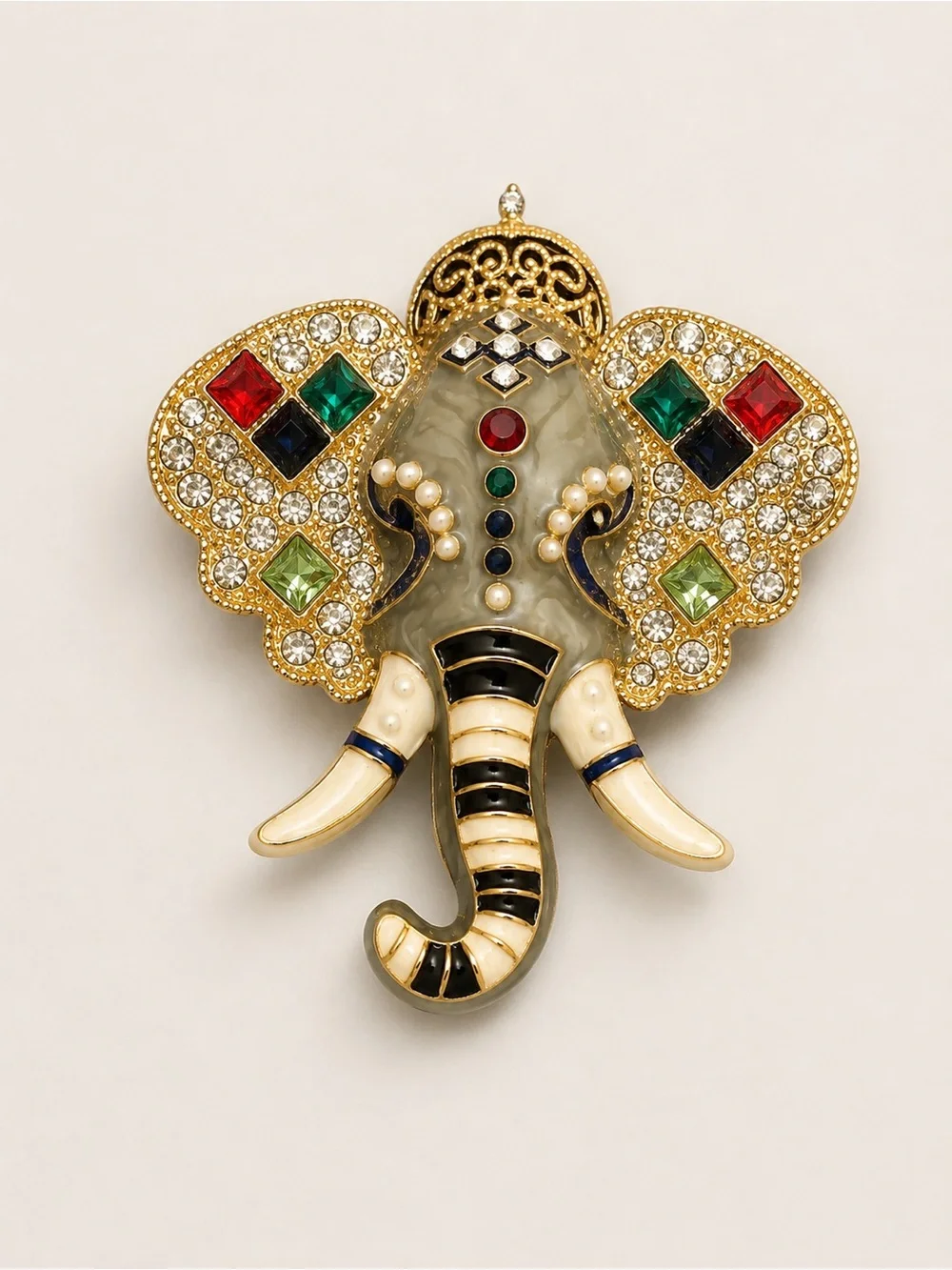 Embellished Elephant brooch in Gold and Ivory